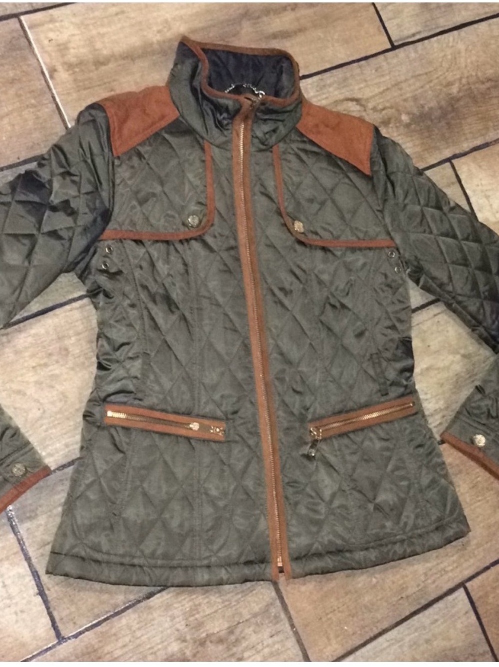 Vince Olive Green Quilted Utility Jacket with Brown Trim